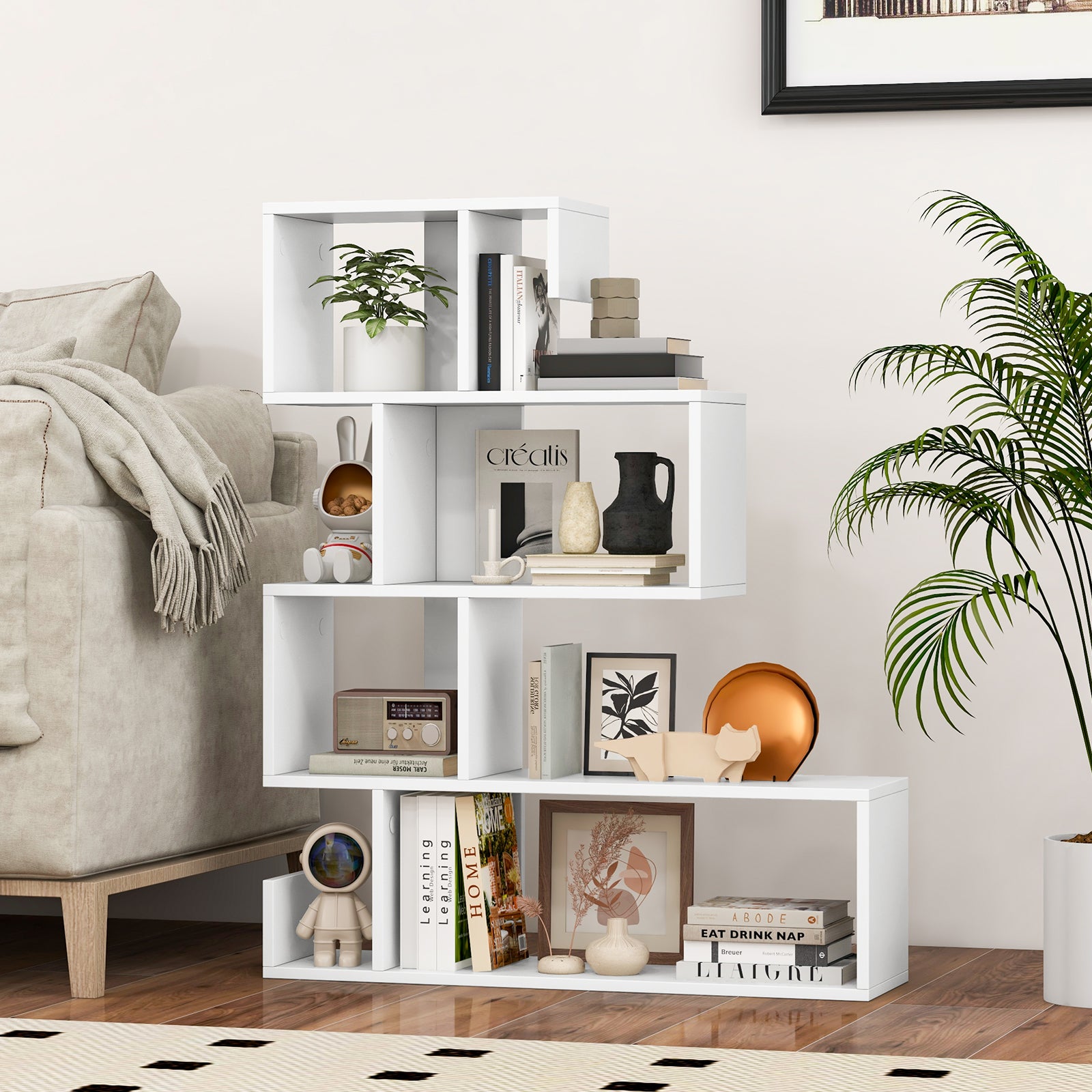 5-Tier S-Shaped Bookshelf Geometric Z-Shelf Bookcase with Open Cubes, White Bookcases at Gallery Canada
