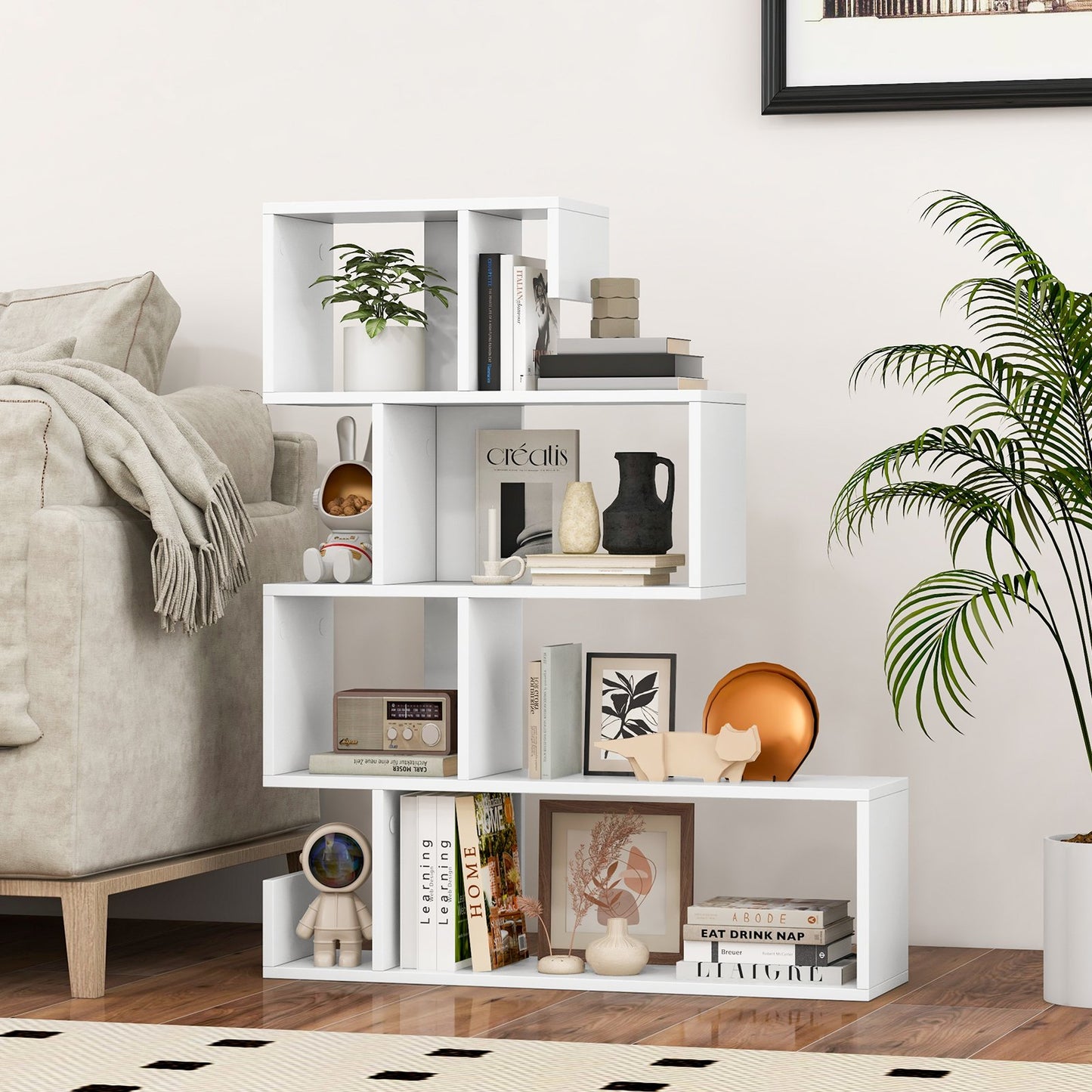 5-Tier S-Shaped Bookshelf Geometric Z-Shelf Bookcase with Open Cubes, White