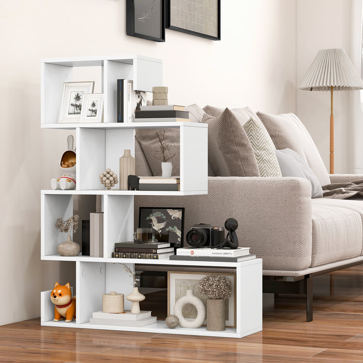 5-Tier S-Shaped Bookshelf Geometric Z-Shelf Bookcase with Open Cubes, White Bookcases at Gallery Canada