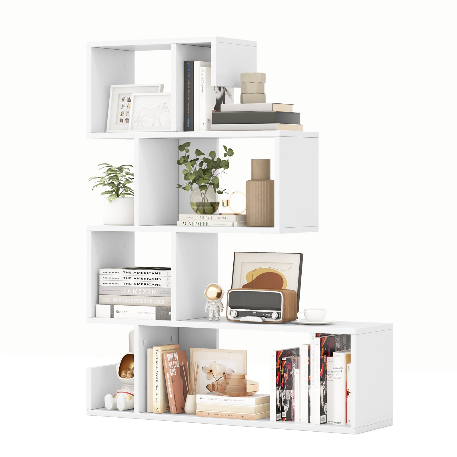5-Tier S-Shaped Bookshelf Geometric Z-Shelf Bookcase with Open Cubes, White Bookcases at Gallery Canada