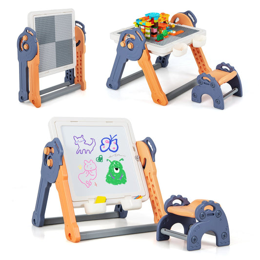 6-In-1 Folding Kids Art Easel with Reversible Building Block Tabletop - Gallery Canada
