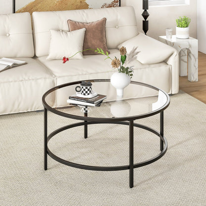 36 Inch Round Coffee Table with Tempered Glass Tabletop, Black