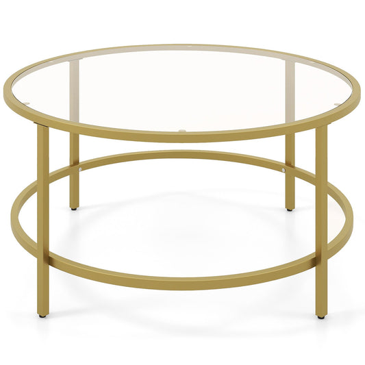 36 Inch Round Coffee Table with Tempered Glass Tabletop, Golden at Gallery Canada