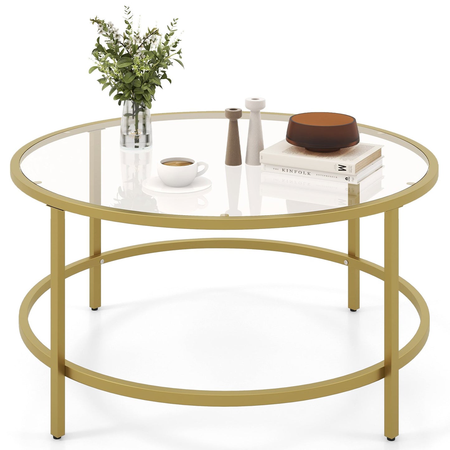 36 Inch Round Coffee Table with Tempered Glass Tabletop, Golden - Gallery Canada
