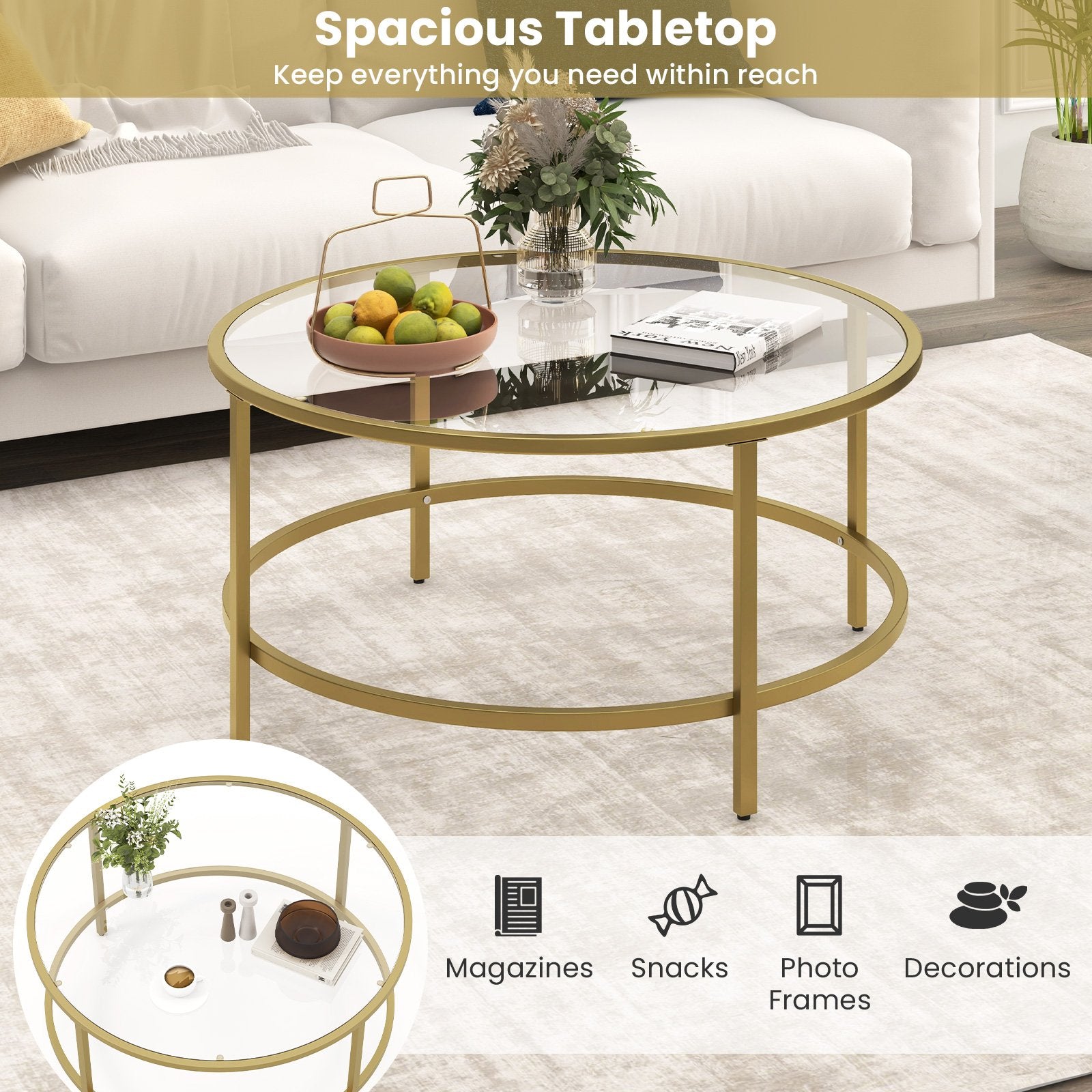 36 Inch Round Coffee Table with Tempered Glass Tabletop, Golden - Gallery Canada