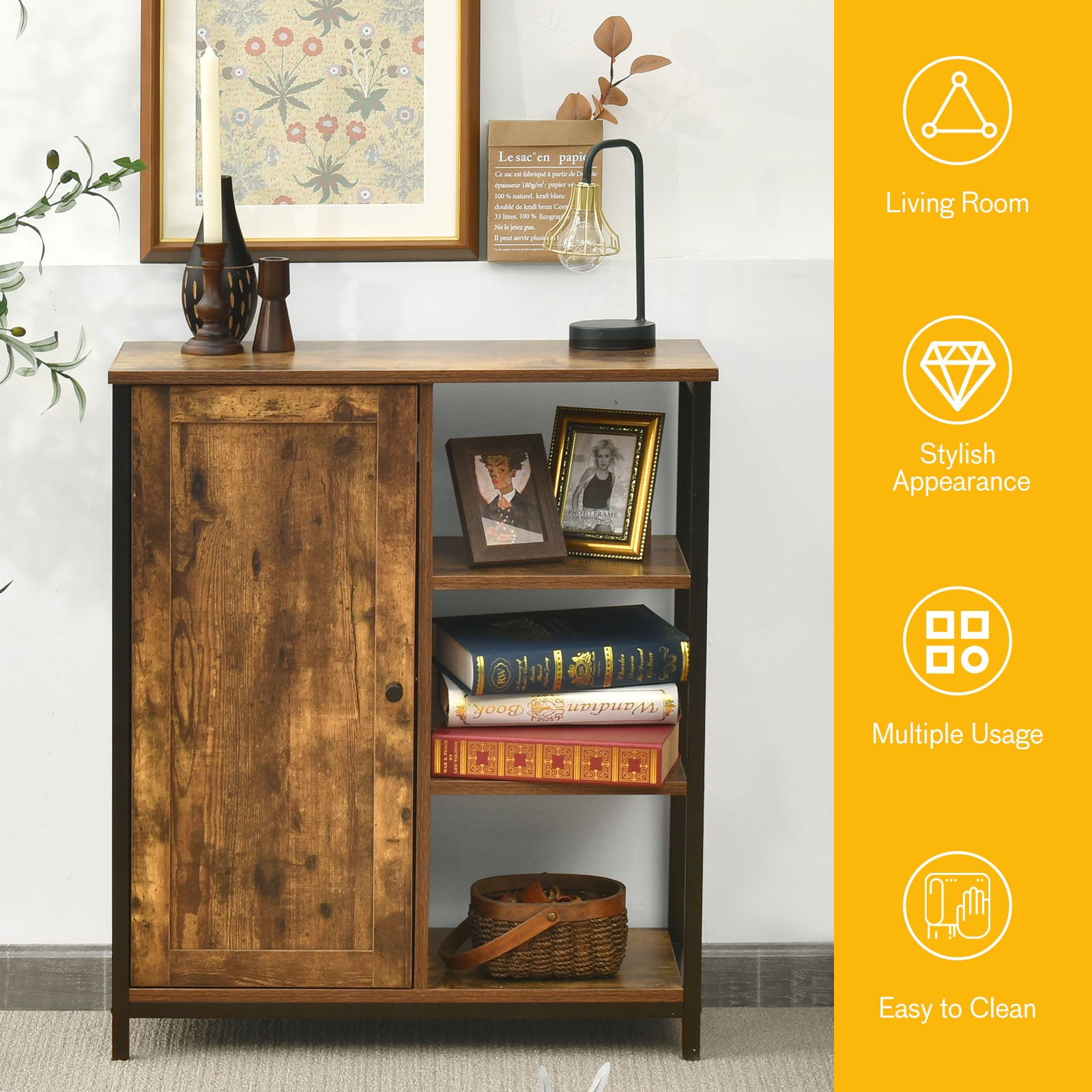 Multipurpose Freestanding Storage Cabinet with 3 Open Shelves and Doors, Rustic Brown Cabinets & Chests at Gallery Canada