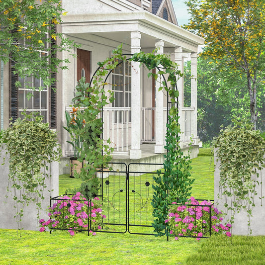 87 Inches Garden Arbor with Lockable Gate Side Planters, Black - Gallery Canada