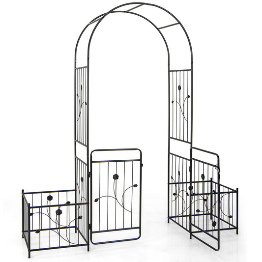 87 Inches Garden Arbor with Lockable Gate Side Planters, Black - Gallery Canada