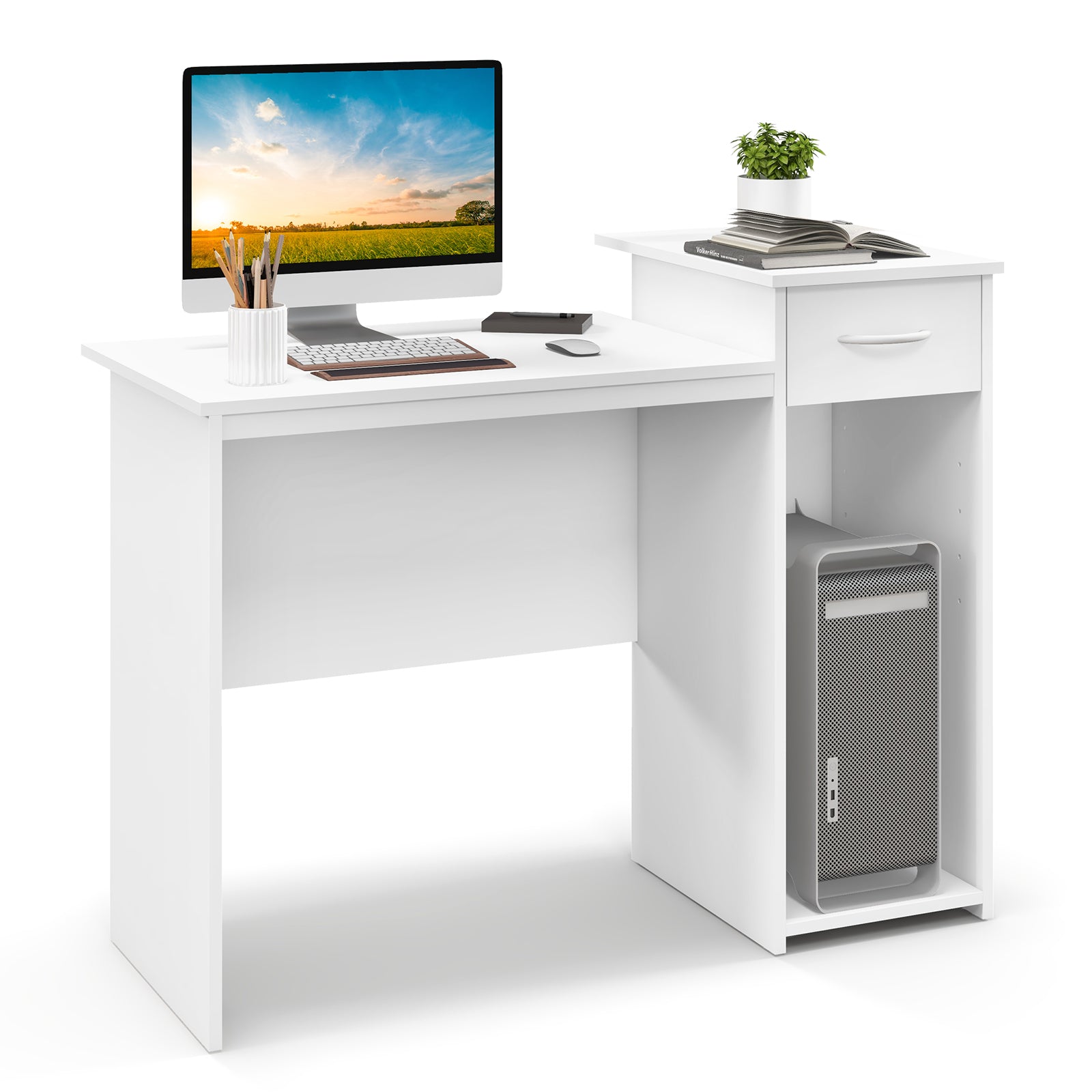 Computer Desk With Drawer, Adjustable Shelf, Cable Hole, White Computer Desks White at Gallery Canada