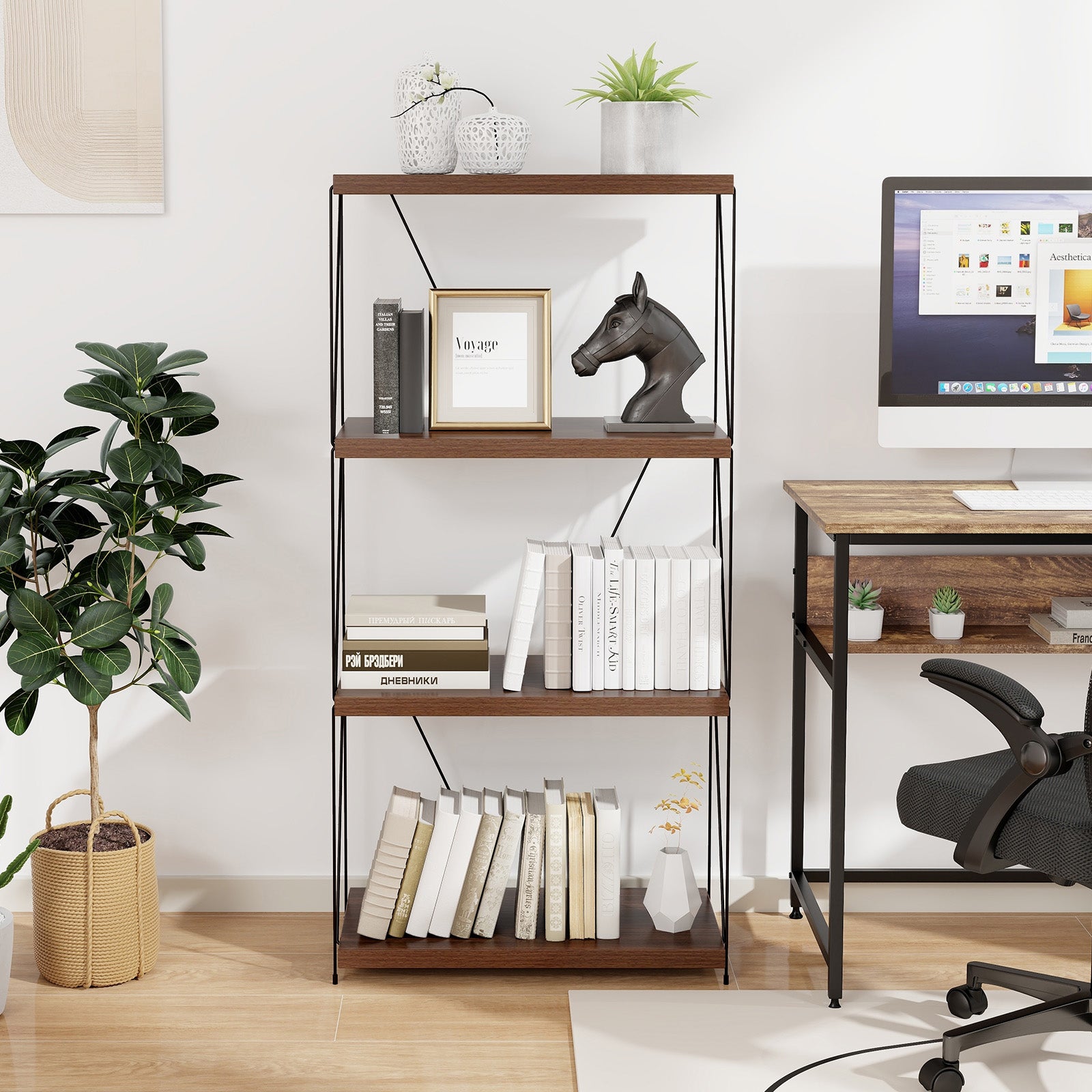 2/3/4/5-Tier Multipurpose Display Rack with Metal Frame-4-Tier, Walnut Bookcases at Gallery Canada