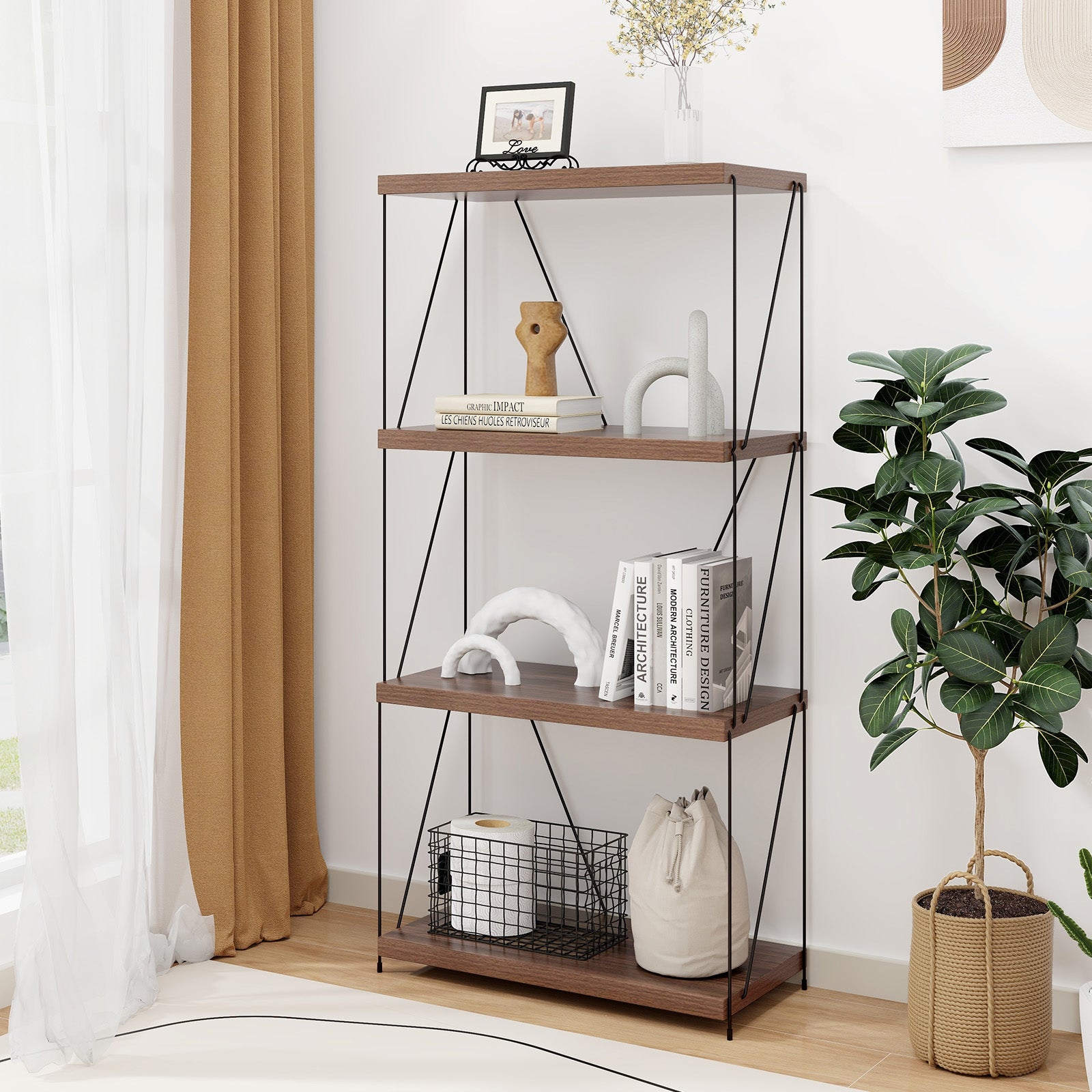 2/3/4/5-Tier Multipurpose Display Rack with Metal Frame-4-Tier, Walnut Bookcases at Gallery Canada