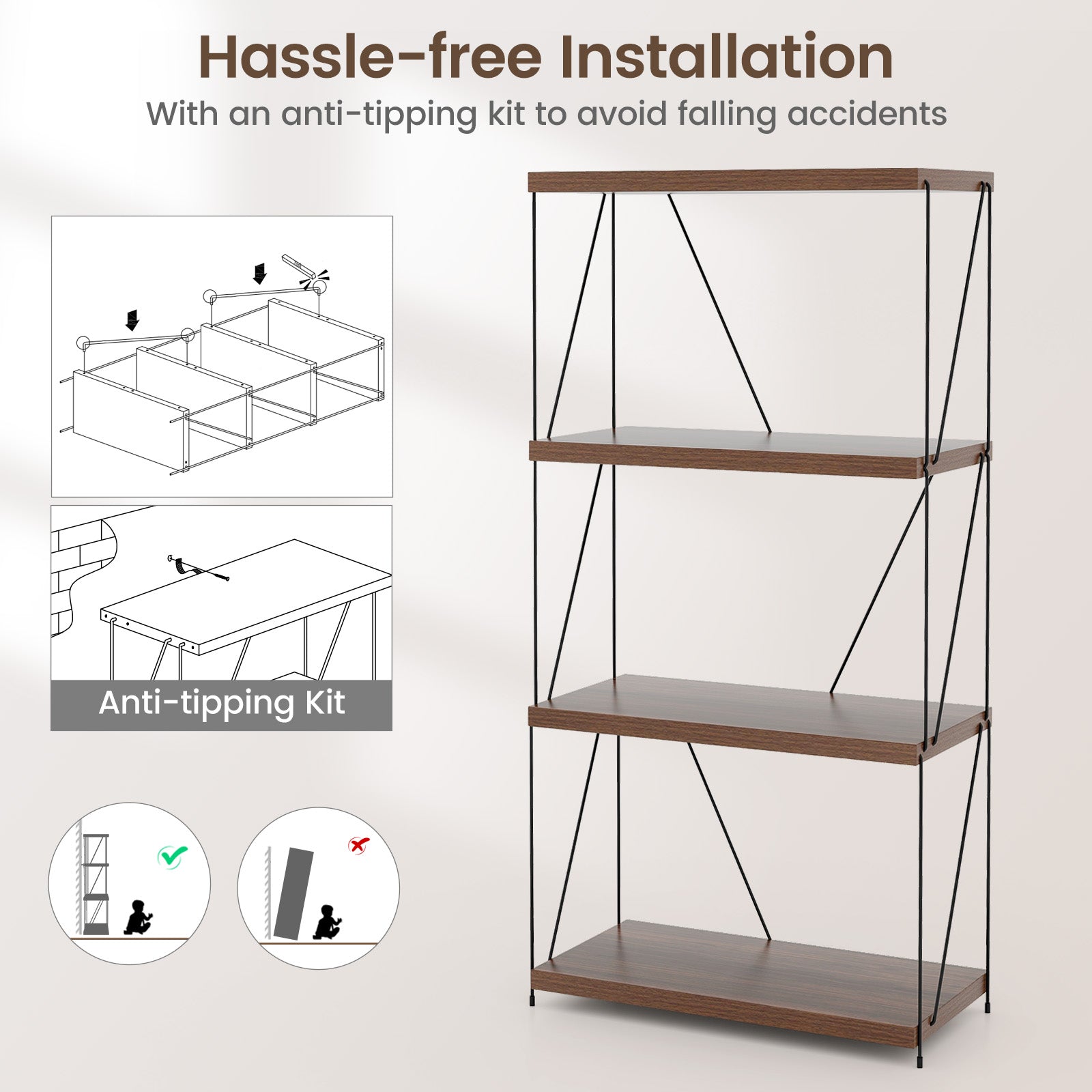 2/3/4/5-Tier Multipurpose Display Rack with Metal Frame-4-Tier, Walnut Bookcases at Gallery Canada