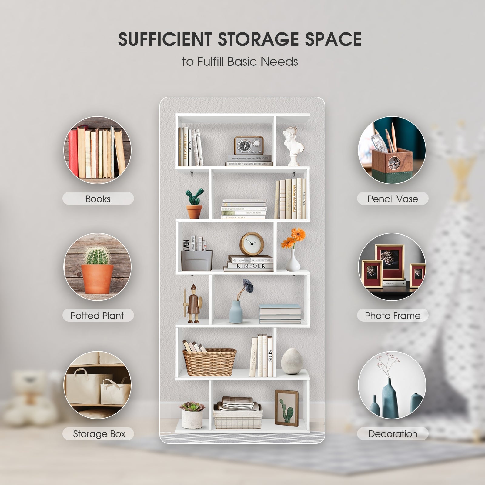 6 Tier S-Shaped Bookshelf Storage Display Bookcase Decor Z-Shelf, White Bookcases at Gallery Canada