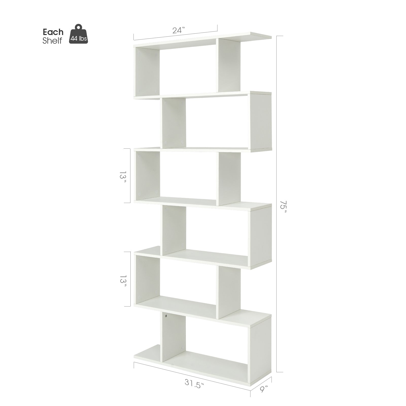 6 Tier S-Shaped Bookshelf Storage Display Bookcase Decor Z-Shelf, White Bookcases at Gallery Canada