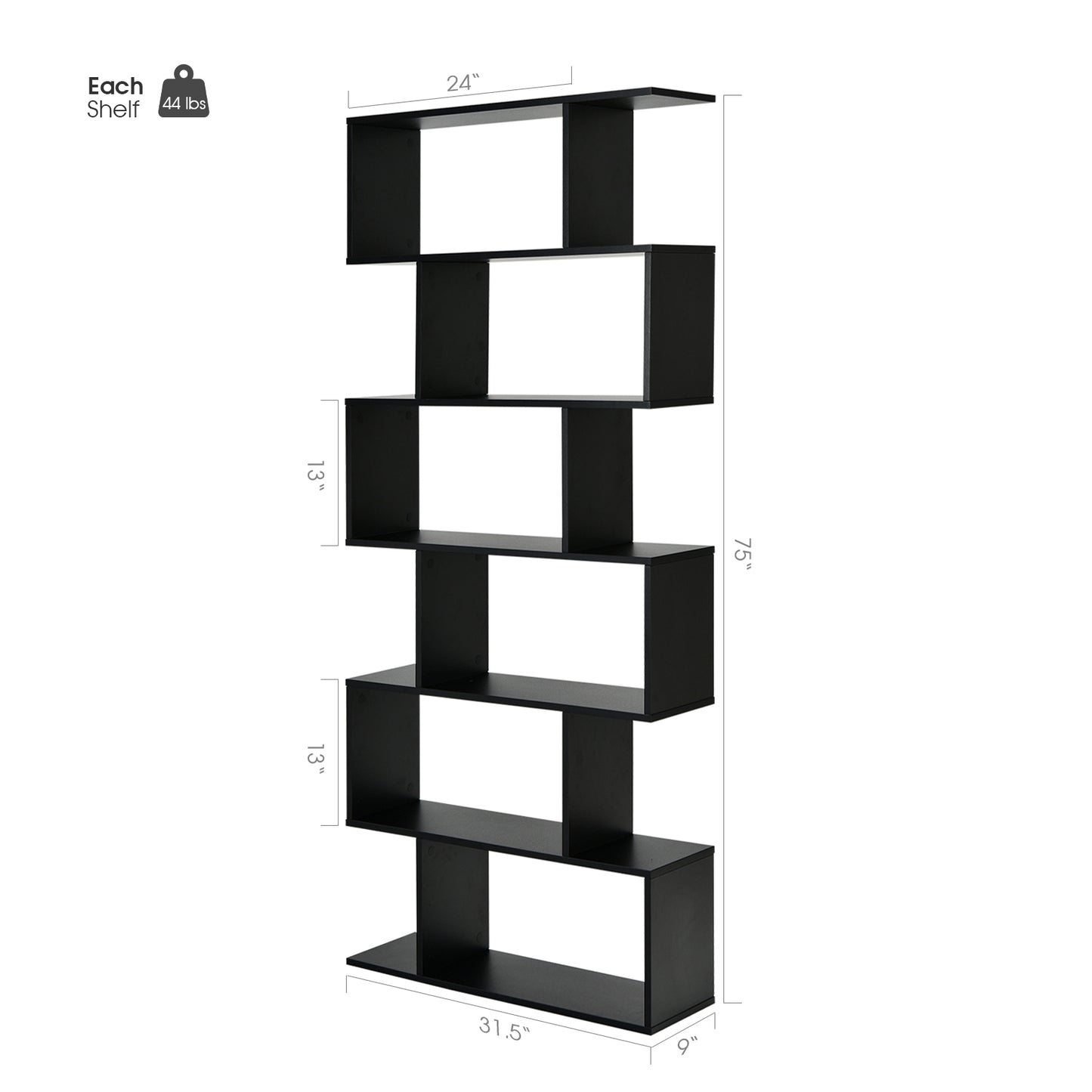 6 Tier S-Shaped Bookshelf Storage Display Bookcase Decor Z-Shelf, Black Bookcases at Gallery Canada