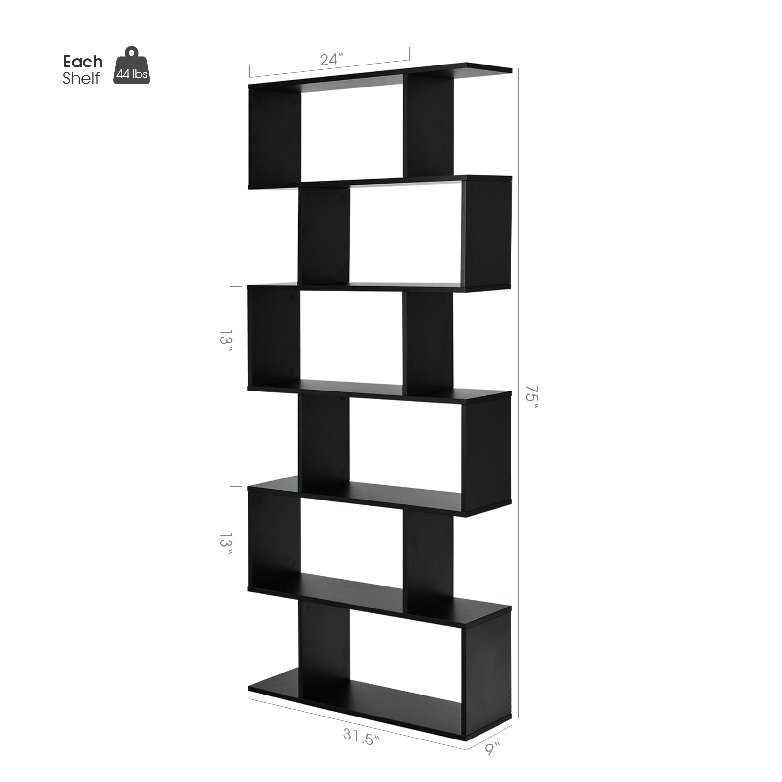 6 Tier S-Shaped Bookshelf Storage Display Bookcase Decor Z-Shelf, Black Bookcases at Gallery Canada