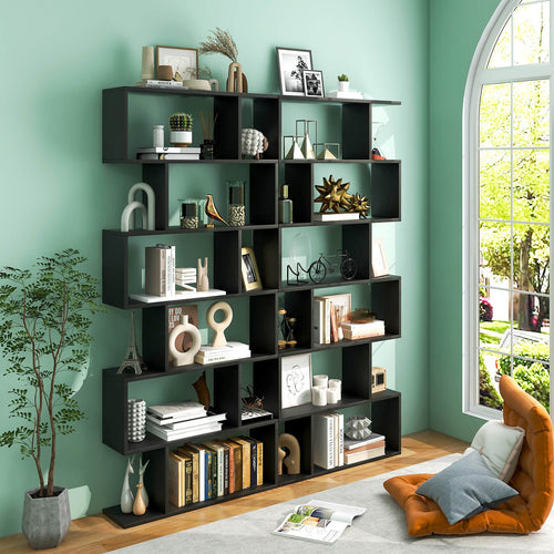 6 Tier S-Shaped Bookshelf Storage Display Bookcase Decor Z-Shelf, Black