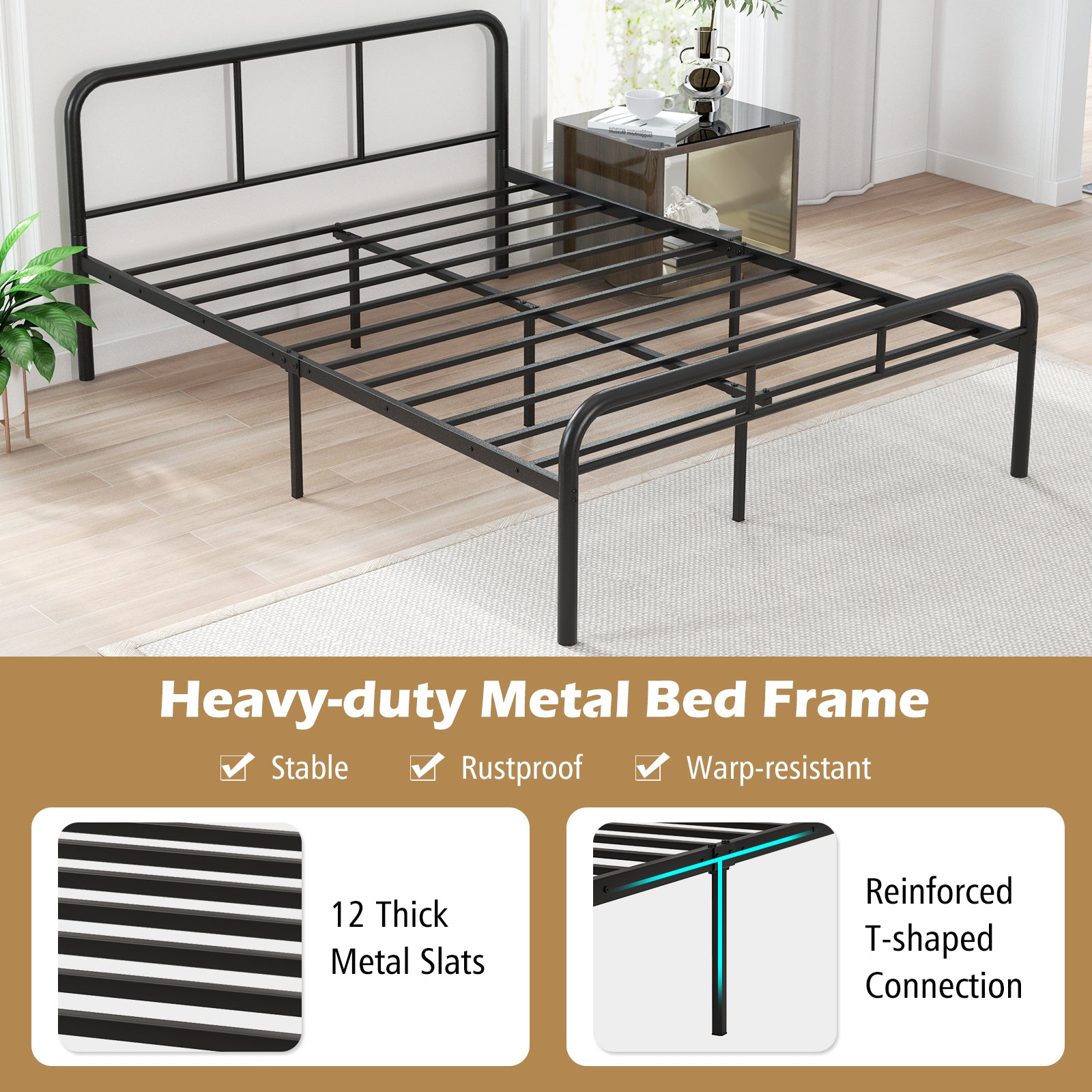 Full Bed Frame with Headboard and Footboard No Box Spring Needed, Black Simple Bed Frame at Gallery Canada