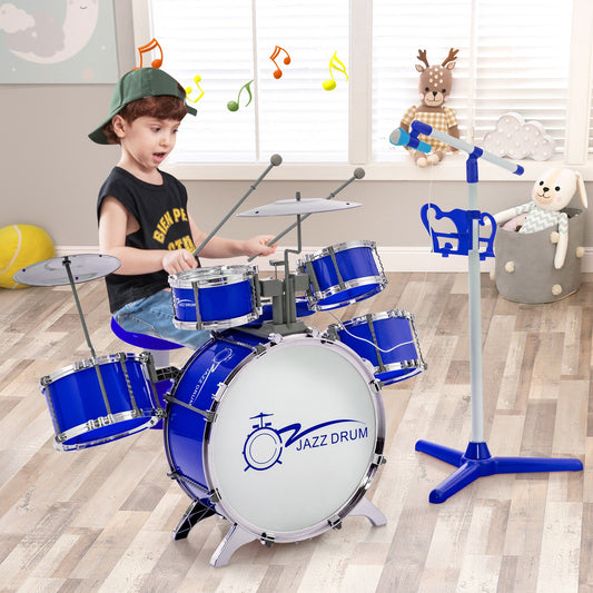Kids Jazz Drum Keyboard Set with Stool and Microphone Stand, Blue - Gallery Canada