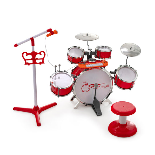 Kids Jazz Drum Keyboard Set with Stool and Microphone Stand, Red
