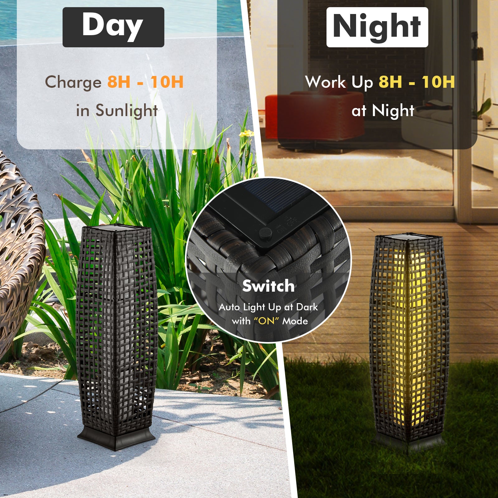 2 Pieces Solar-Powered Square Wicker Floor Lamps with Auto LED Light, Black Table & Floor Lamps at Gallery Canada