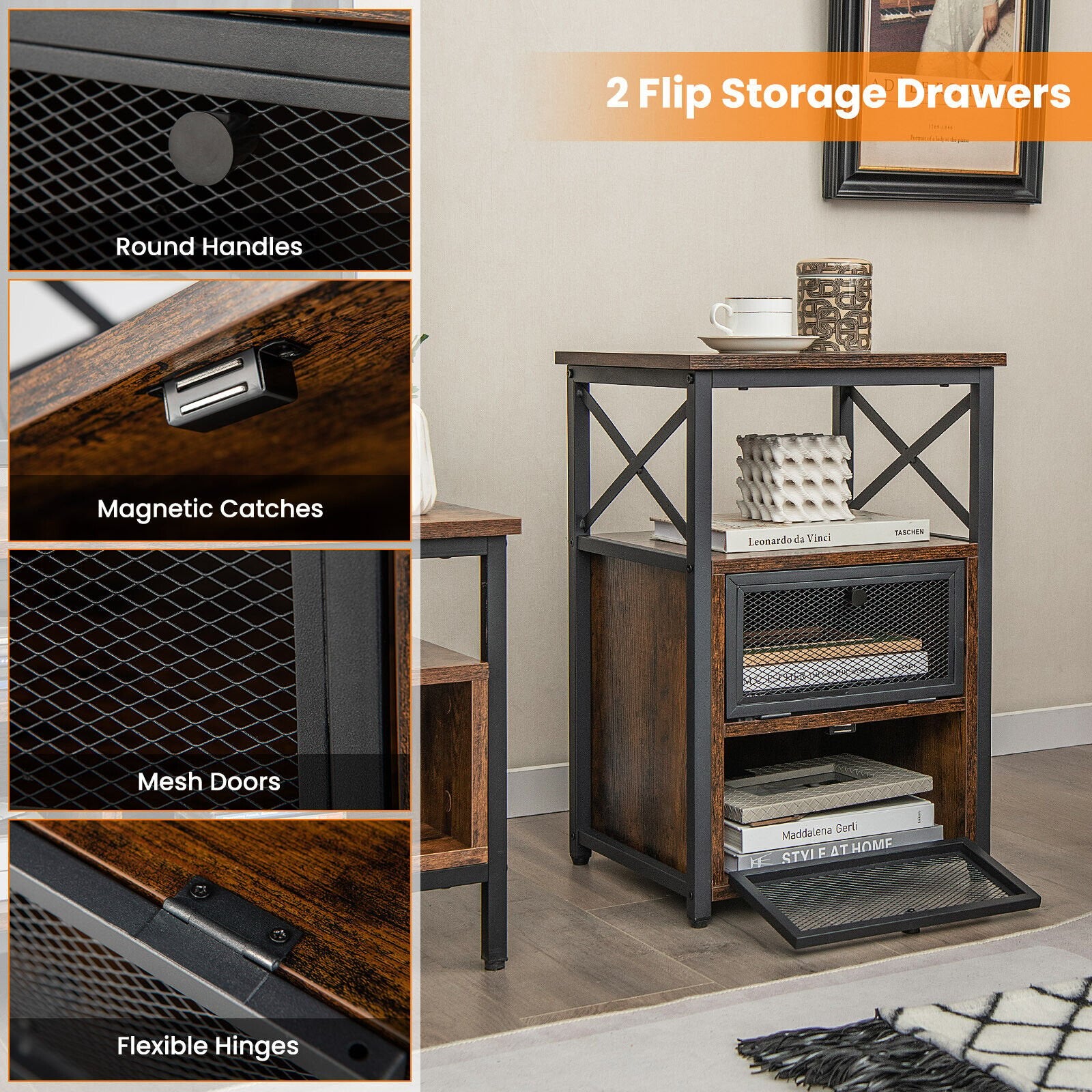 Set of 2 Modern Nightstand with 2 Flip Drawers and Open Shelf, Rustic Brown - Gallery Canada