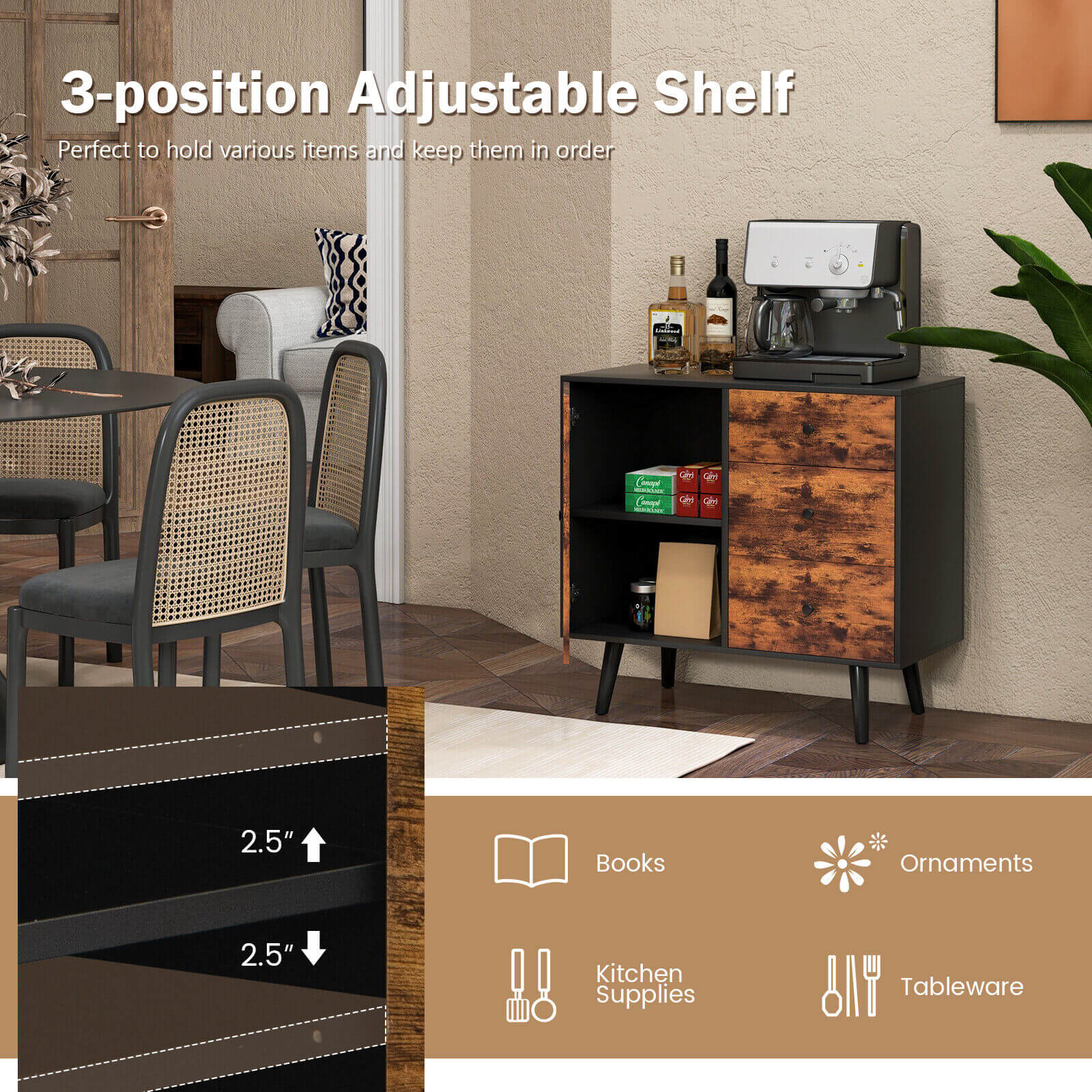 Mid-Century Wood Storage Cabinet with Door and 3 Drawers, Rustic Brown Cabinets & Chests at Gallery Canada