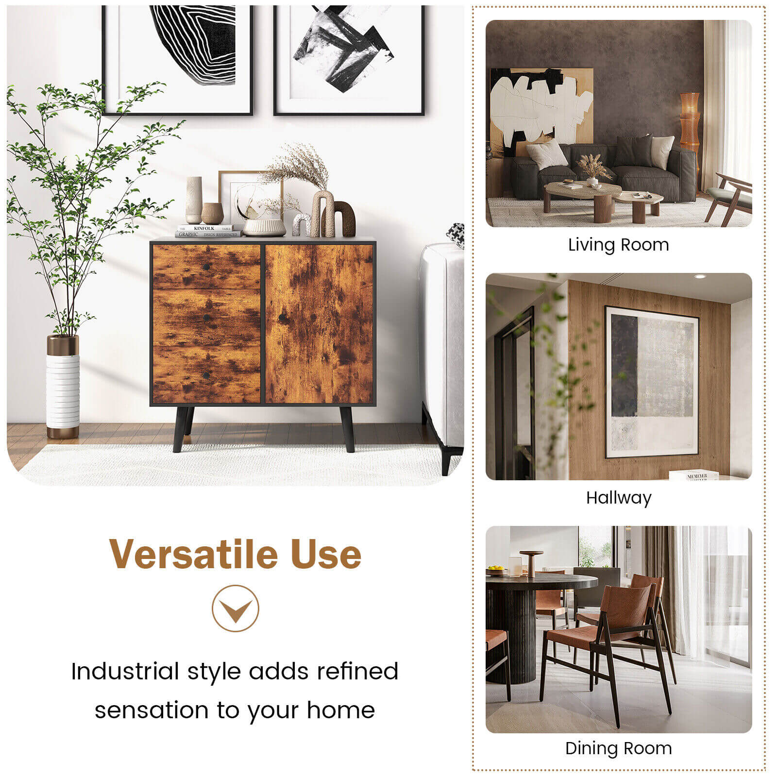 Mid-Century Wood Storage Cabinet with Door and 3 Drawers, Rustic Brown Cabinets & Chests at Gallery Canada