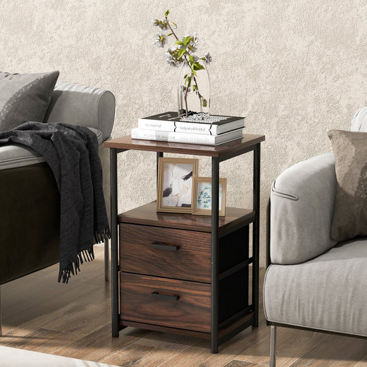 3-Tier Retro Nightstand with 2 Removable Fabric Drawers and Open Shelf, Walnut - Gallery Canada