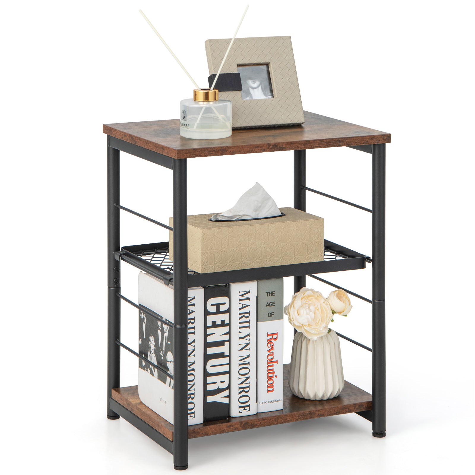 3-Tier Industrial Side Table with Adjustable Mesh Shelf, Rustic Brown End & Side Tables at Gallery Canada