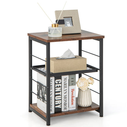 3-Tier Industrial Side Table with Adjustable Mesh Shelf, Rustic Brown End & Side Tables at Gallery Canada
