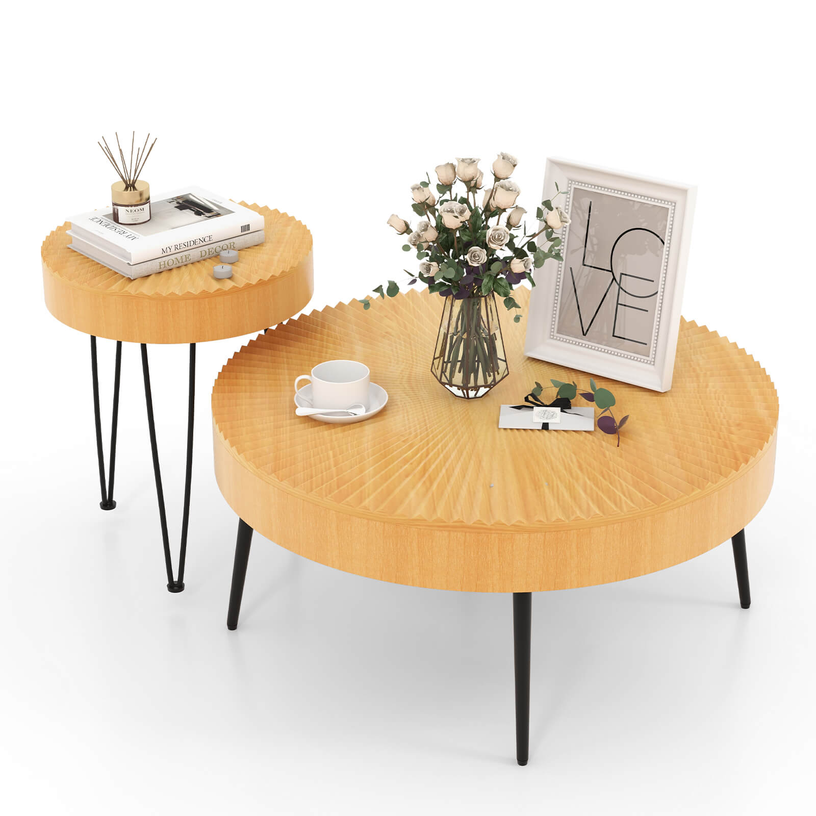 2 Set of Wooden Coffee Table with Metal Legs and Adjustable Foot Pads-Radial Pattern, Natural Coffee Tables at Gallery Canada