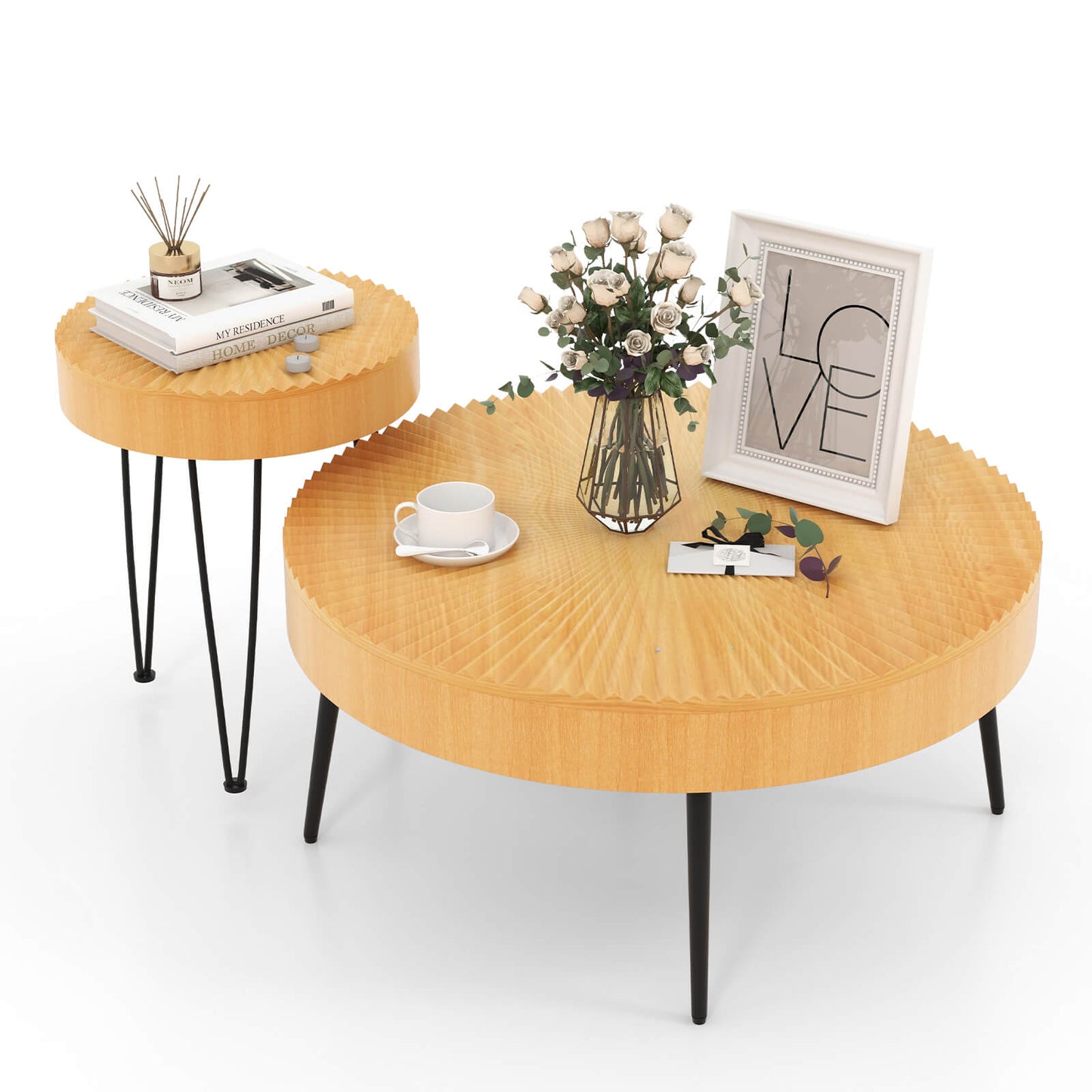 2 Set of Wooden Coffee Table with Metal Legs and Adjustable Foot Pads-Radial Pattern, Natural Coffee Tables at Gallery Canada