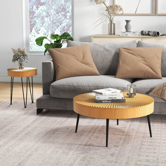 2 Set of Wooden Coffee Table with Metal Legs and Adjustable Foot Pads-Radial Pattern, Natural Coffee Tables Natural at Gallery Canada