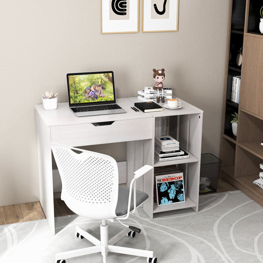 Lift Top Modern Computer Desk with 2 Hidden Compartments and 2 Open Storage Shelves, White - Gallery Canada