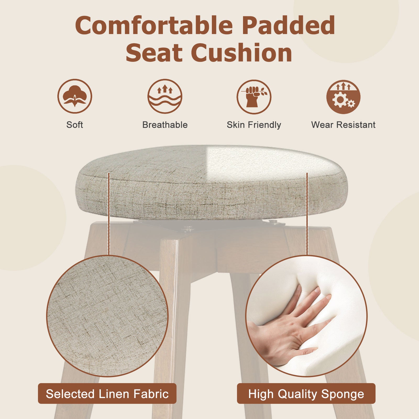 2 Pieces 26 Inch Backless Swivel Barstools with Linen Fabric Seat, Beige Bar Stools at Gallery Canada