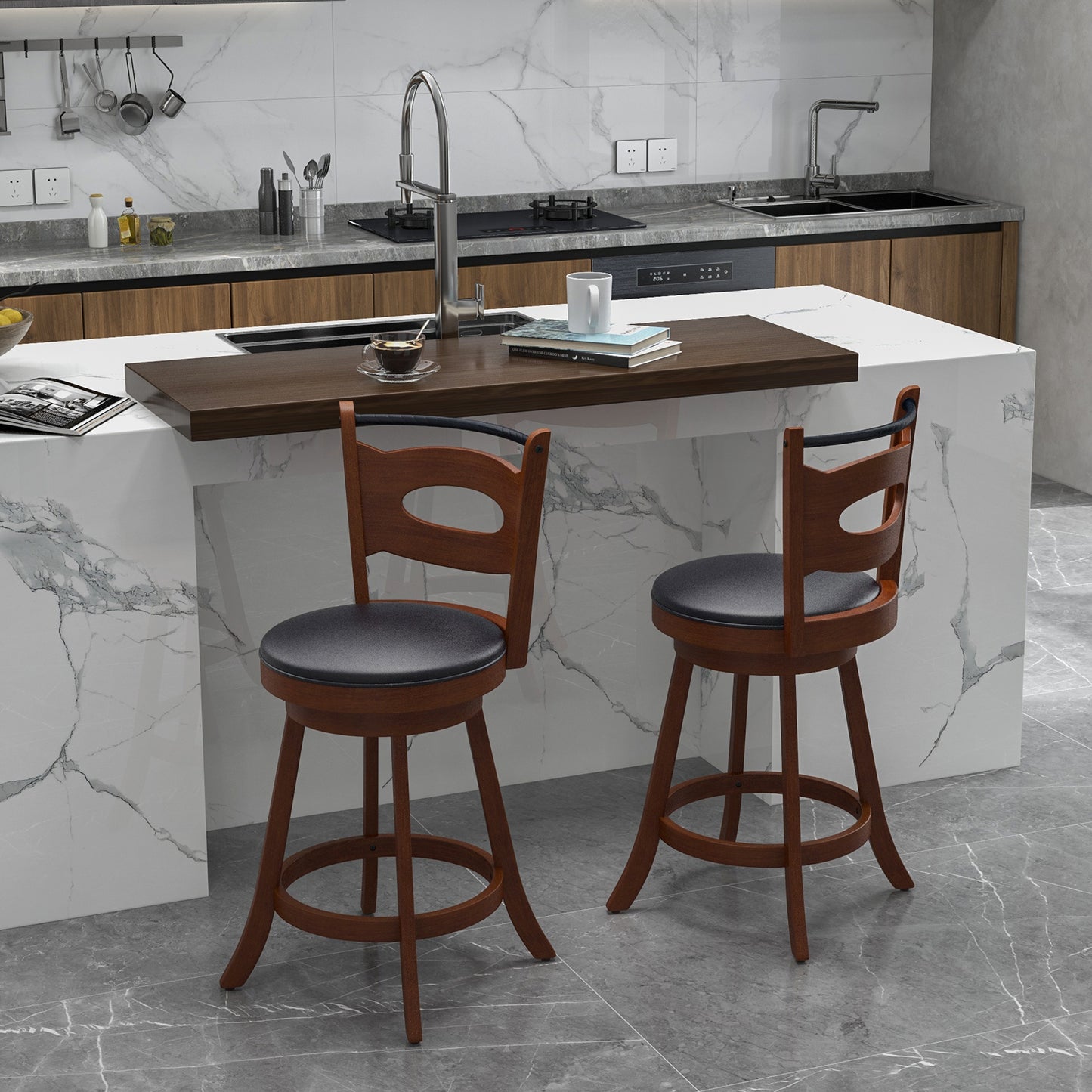 2 Pieces 24/29 inch Swivel Bar Stools with Curved Backrest and Seat Cushions-24 inches, Brown Bar Stools at Gallery Canada