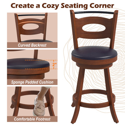 2 Pieces 24/29 inch Swivel Bar Stools with Curved Backrest and Seat Cushions-24 inches, Brown Bar Stools at Gallery Canada