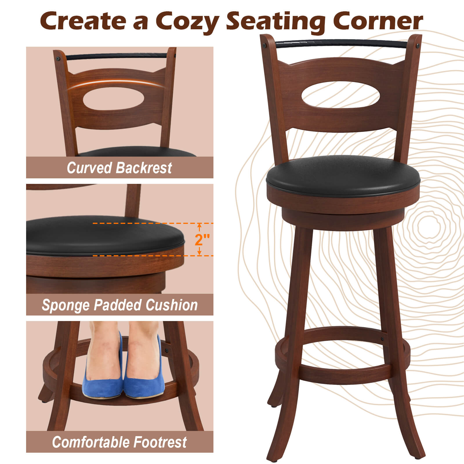 2 Pieces 24/29 inch Swivel Bar Stools with Curved Backrest and Seat Cushions-29 inches Bar Stools at Gallery Canada
