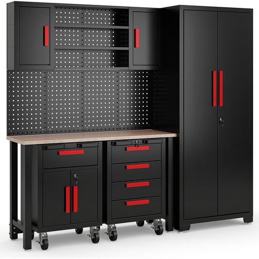 6 Pieces Garage Cabinets and Storage System Set with Pegboard and Rolling Chests, Black & Red