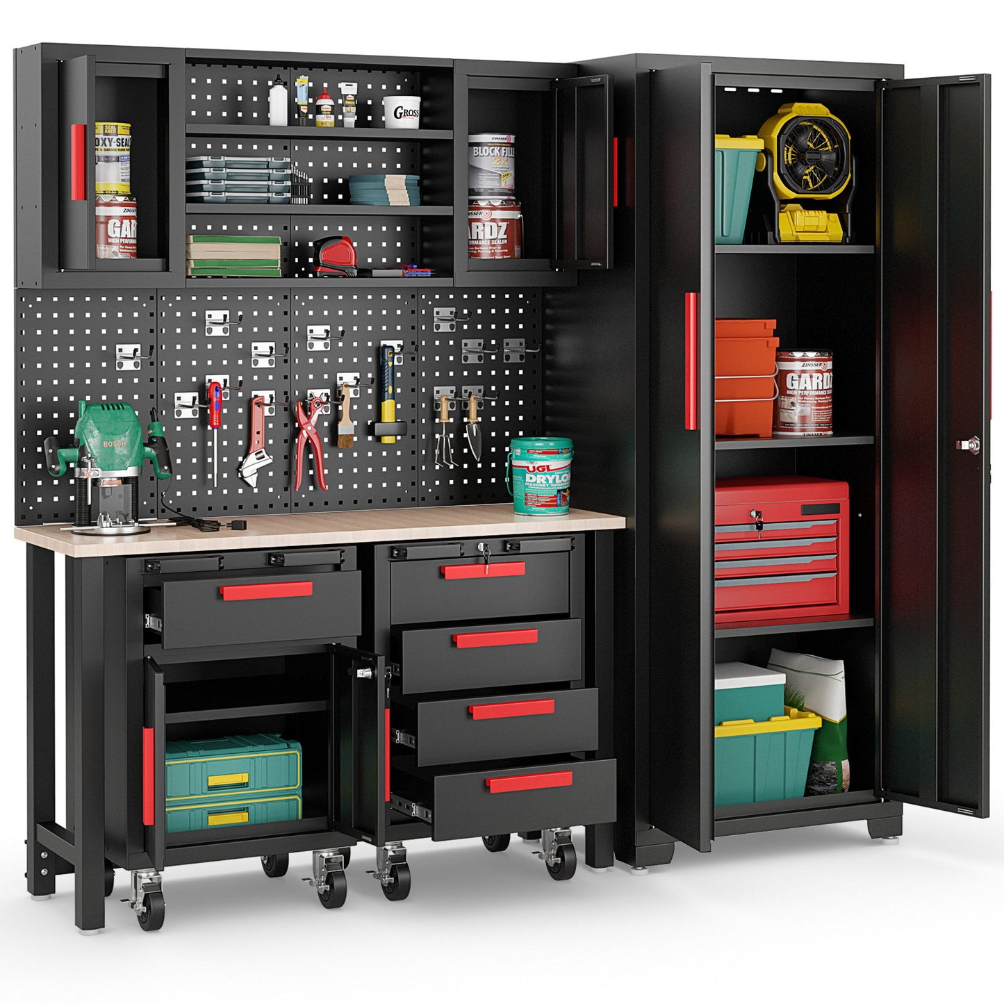6 Pieces Garage Cabinets and Storage System Set with Pegboard and Rolling Chests, Black & Red at Gallery Canada