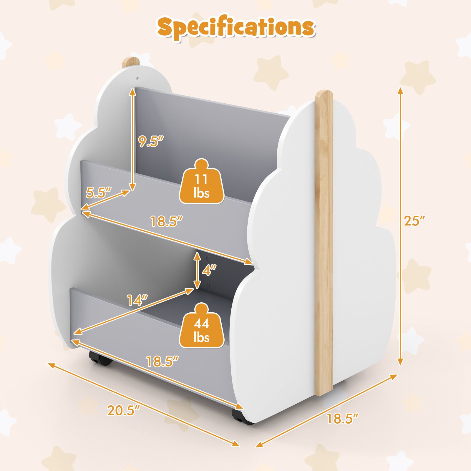 Kids Wooden Bookshelf with Universal Wheels, Gray Kids Storage at Gallery Canada