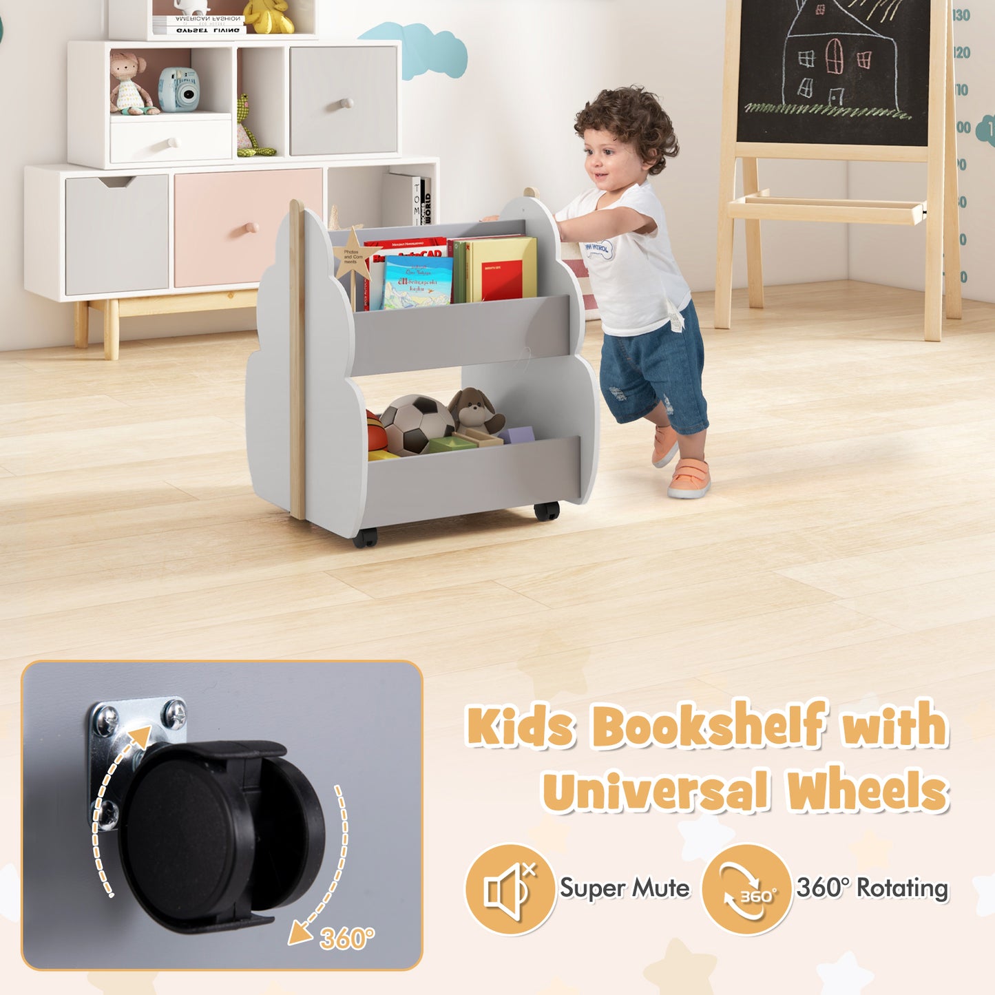 Kids Wooden Bookshelf with Universal Wheels, Gray Kids Storage at Gallery Canada