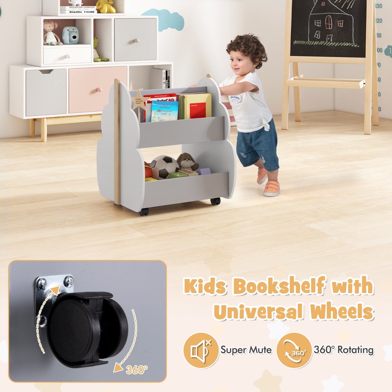 Kids Wooden Bookshelf with Universal Wheels, Gray Kids Storage at Gallery Canada