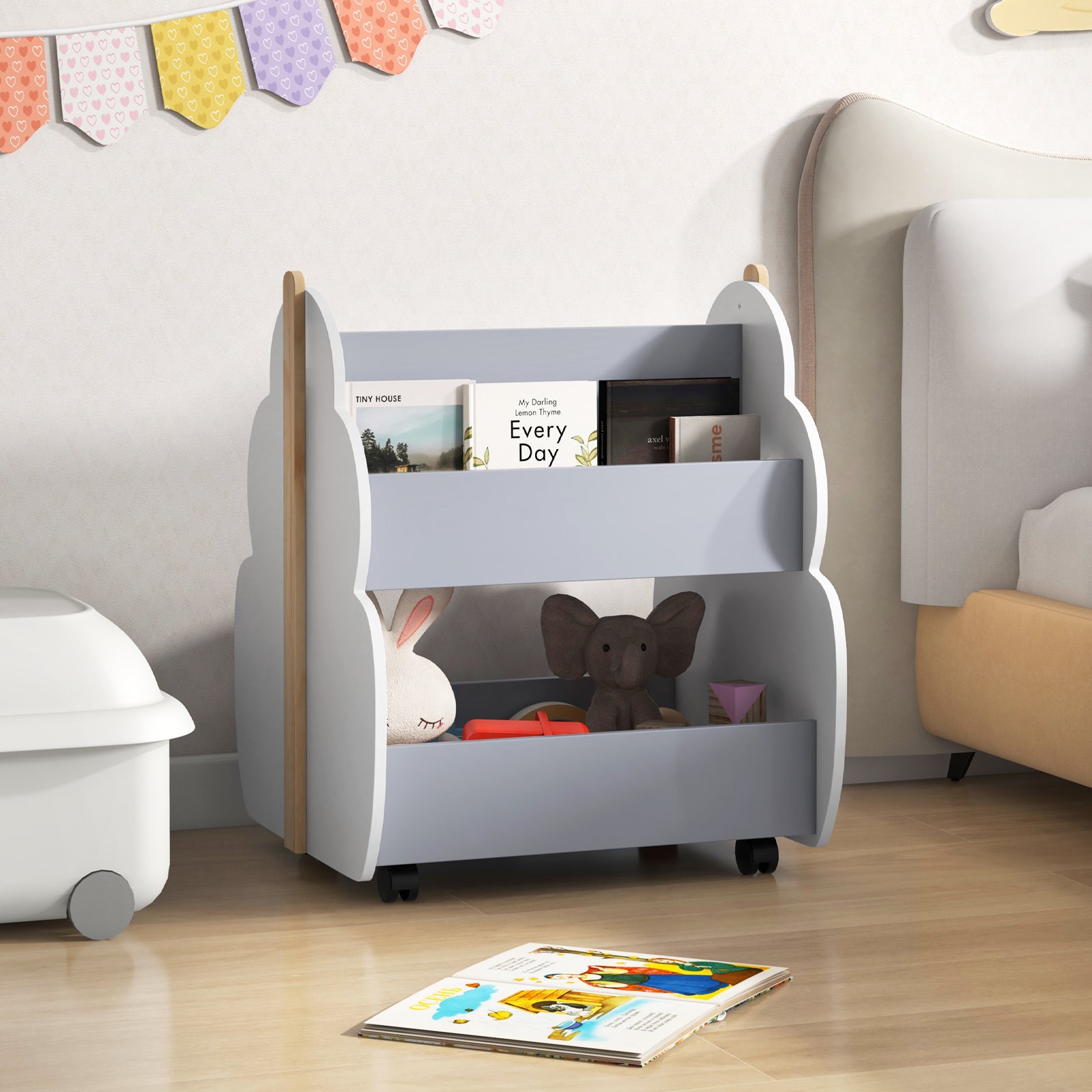 Kids Wooden Bookshelf with Universal Wheels, Gray Kids Storage at Gallery Canada