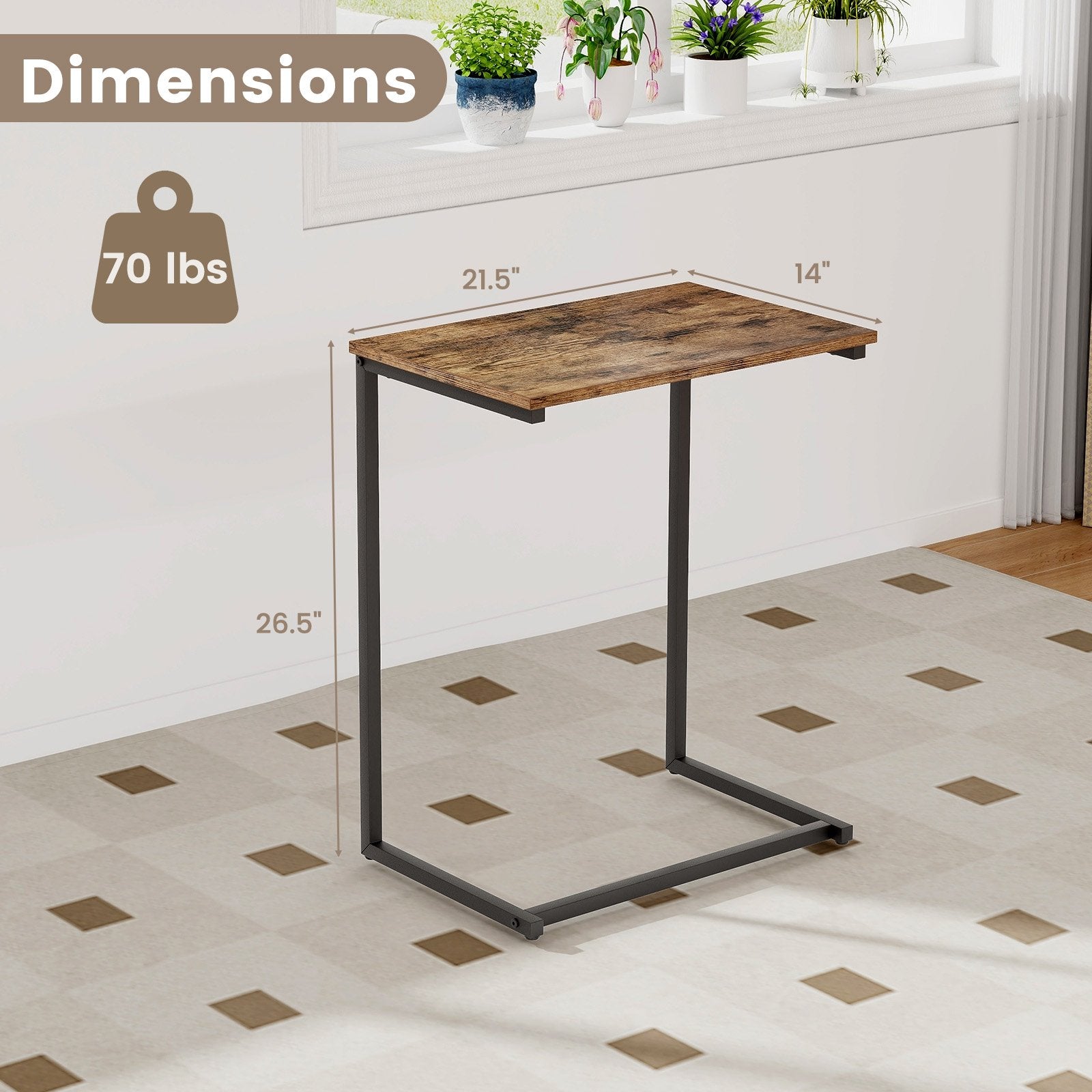C-shaped Industrial End Table with Metal Frame, Rustic Brown - Gallery Canada