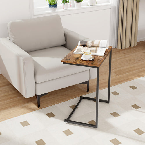 Industrial End Table, C-Shaped Metal Frame, Rustic Brown