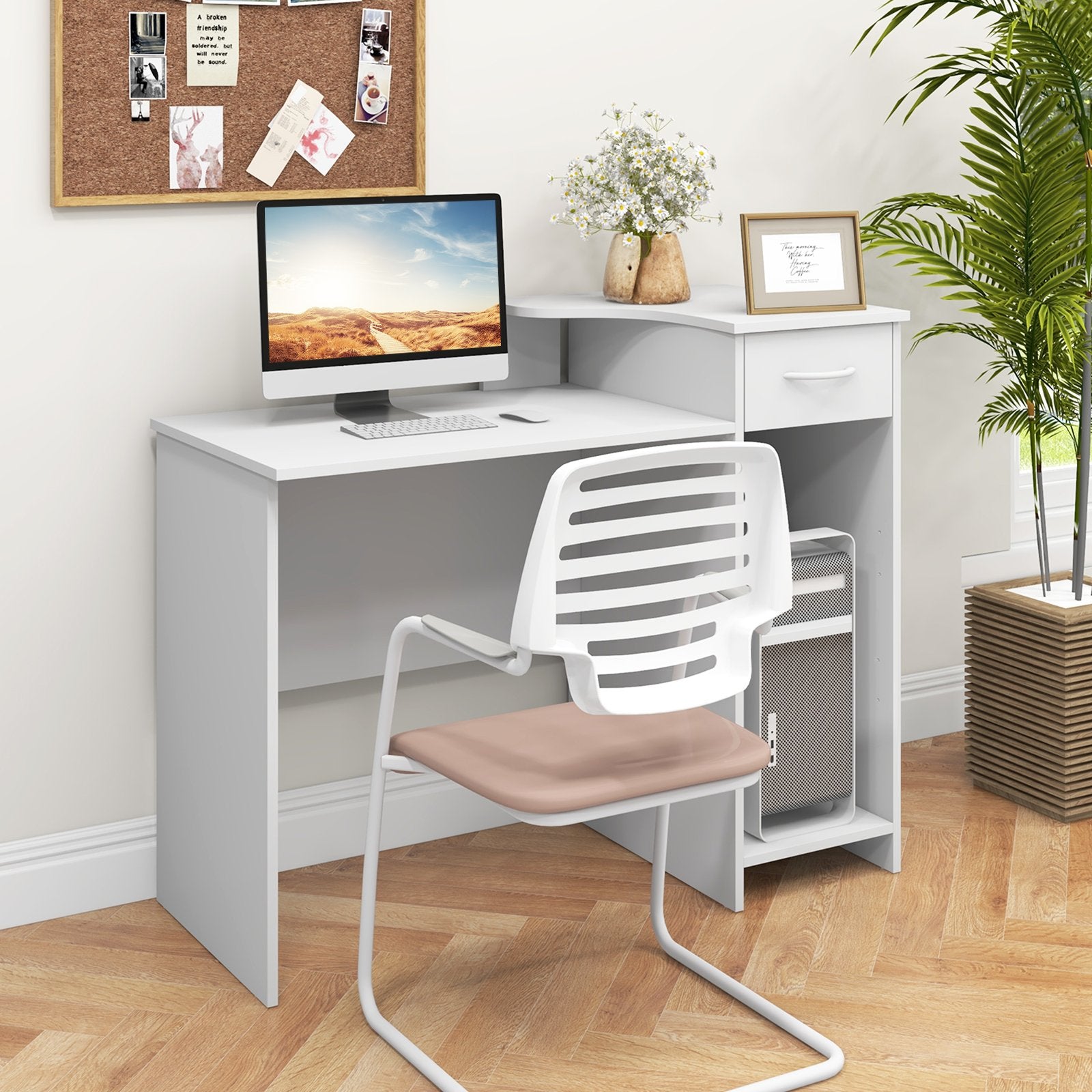 Computer Desk Modern Laptop PC Desk with Adjustable Shelf and Cable Hole, White - Gallery Canada