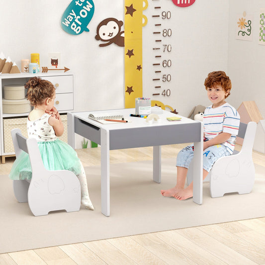 4-in-1 Wooden Activity Kids Table and Chairs with Storage and Detachable Blackboard, Gray - Gallery Canada