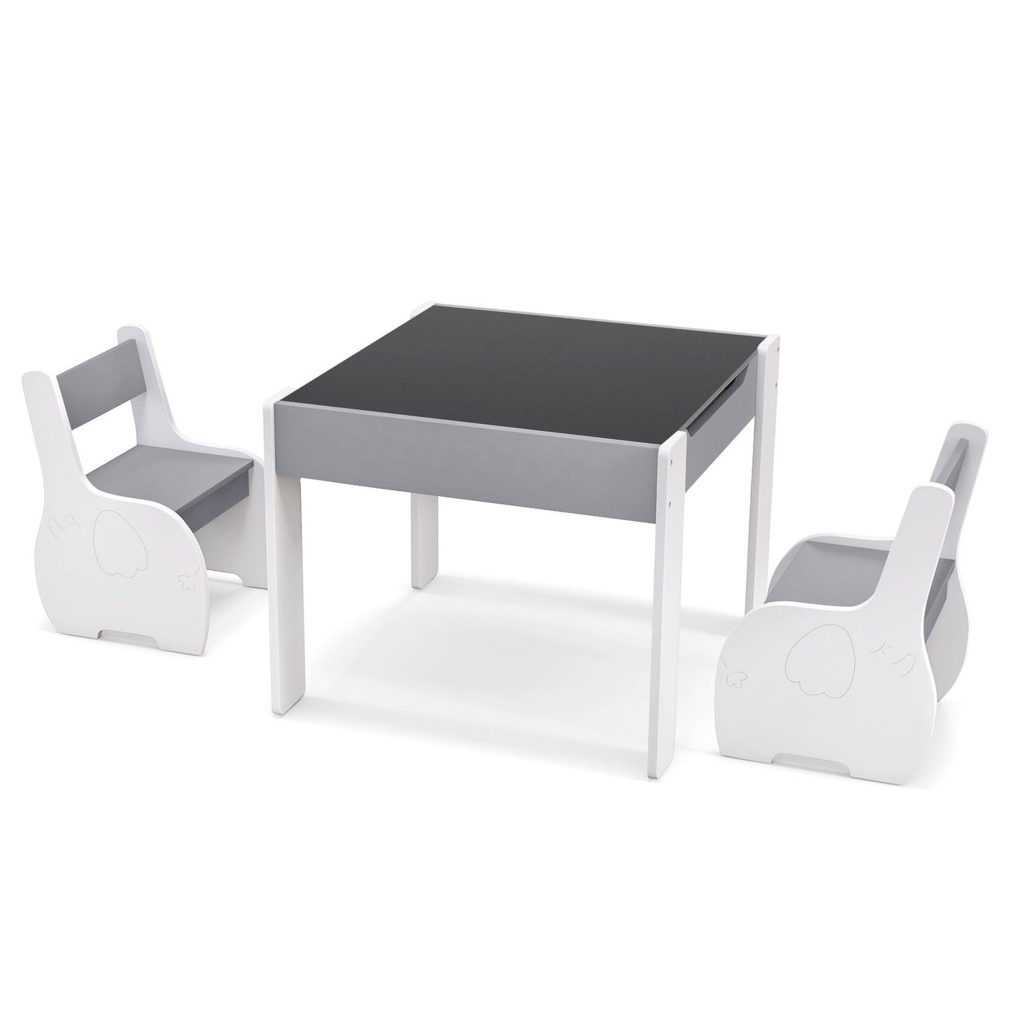 Table et chaises pour enfants en bois 4-en-1, avec rangement, tableau noir amovible, gris